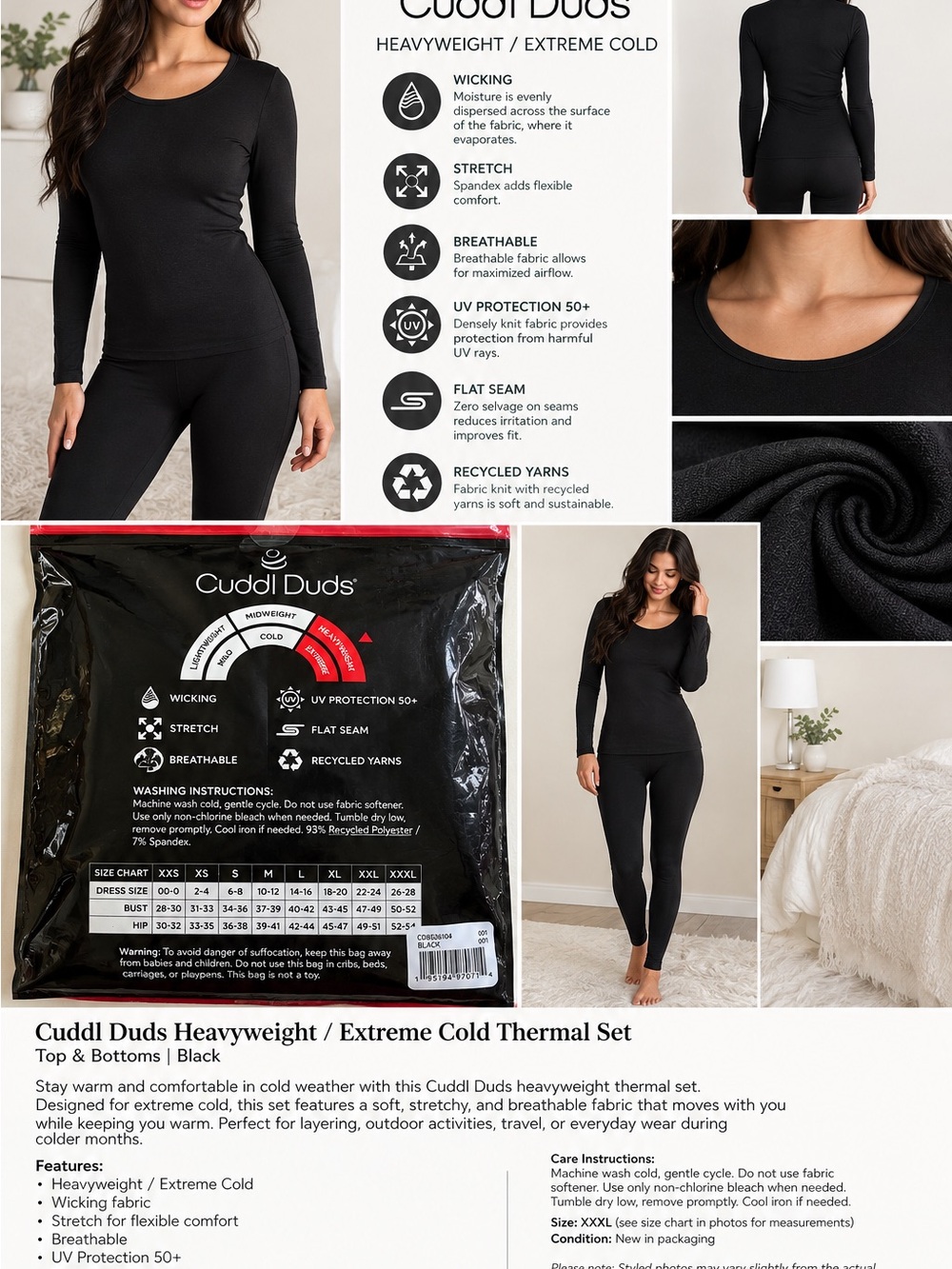 (#11) Cuddle Duds Heavyweight Extreme Cold Black Thermal Base Layer Set (medium)